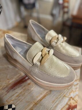 Dolce Vita Metallic Cream Loafers with Beige Chain Detail